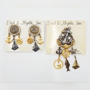 Ethel & Myrtle Nautical Post Earrings And Brooch Set With Anchor Sail Boat Helm